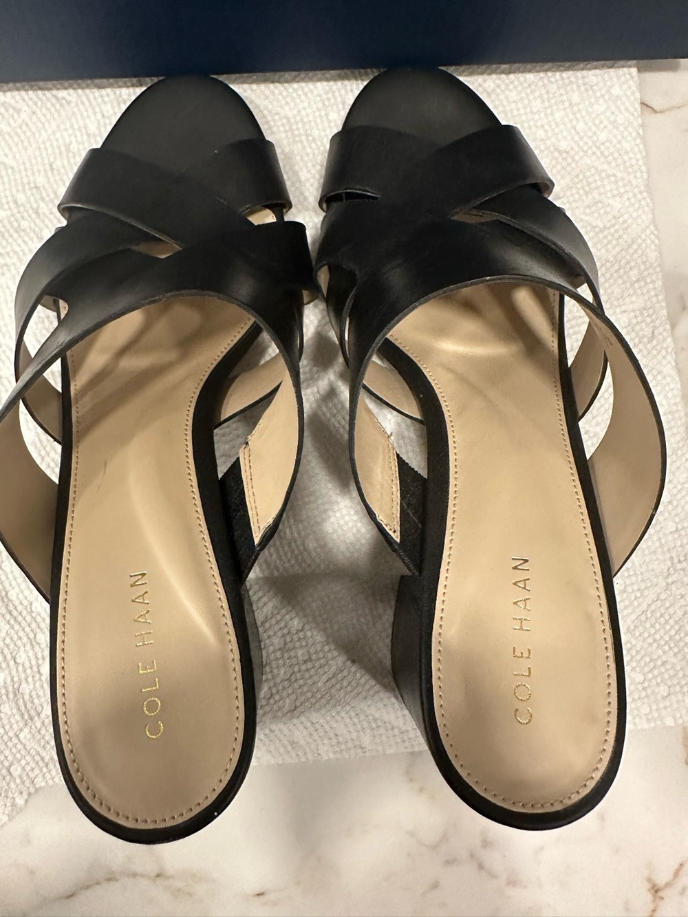 Cole Haan Black Leather Crisscross Block Heel Mules - Picture 4 of 6
